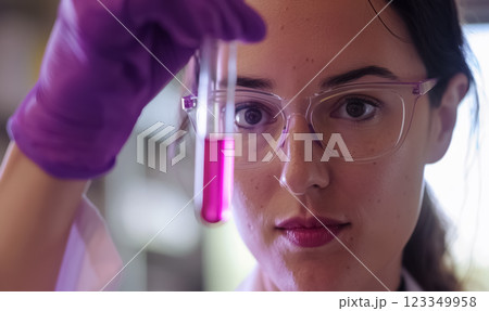 focused female scientist in glasses and purple gloves holds up test tube with biotech sample liquid, biotechnology experiment in laboratory environment 123349958