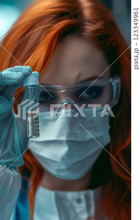 focused female scientist in glasses and purple gloves holds up test tube with biotech sample liquid, biotechnology experiment in laboratory environment 123349961