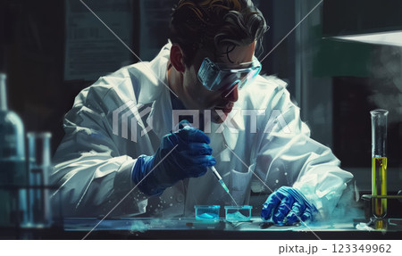 focused scientist protective gloves, suit and goggles uses pipette to conduct chemical experiment in research lab, precision in well-equipped biotechnology laboratory 123349962