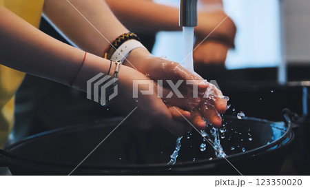 Close up of student washing hands with clean water, promoting hygiene and water conservation in school or camp setting Close up of student washing hands with clean water, promoting hygiene and water conservation in school or camp setting 123350020