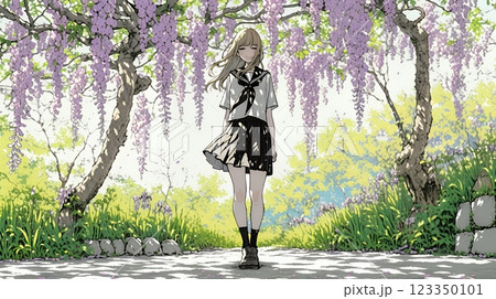 満開の藤の花の下を歩いている女子高生