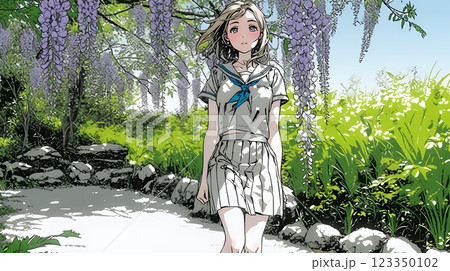満開の藤の花の下を歩いている女子高生