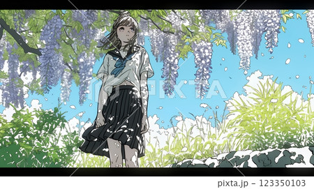 満開の藤の花の下を歩いている女子高生