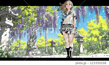 満開の藤の花の下を歩いている女子高生