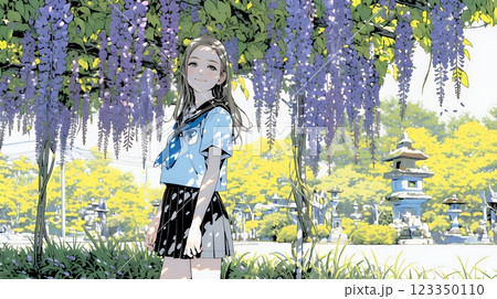 満開の藤の花の下を歩いている女子高生