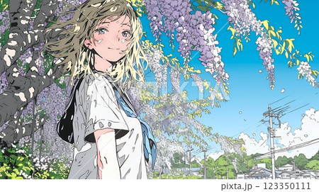 満開の藤の花の下を歩いている女子高生