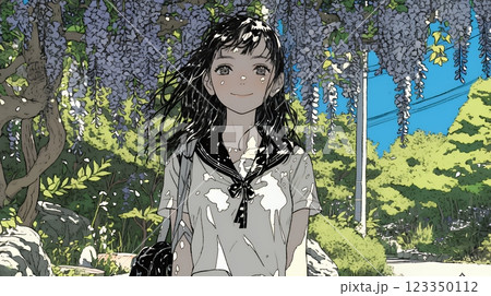 満開の藤の花の下を歩いている女子高生
