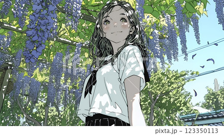 満開の藤の花の下を歩いている女子高生