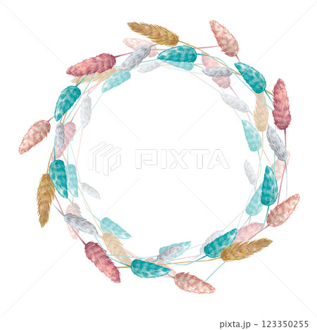 A round frame made of dried flowers. Watercolor illustration of dried flowers. Herbarium. Botanical plants. French style. A wreath with a place for the text. Suitable for postcards, booklets, package. A round frame made of dried flowers. Watercolor illustration of dried flowers. Herbarium. Botanical plants. French style. A wreath with a place for the text. Suitable for postcards, booklets, package. 123350255