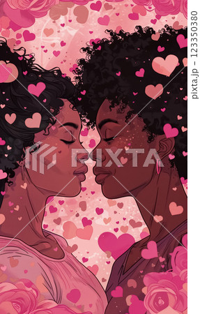 illustration of loving couple surrounded by pink hearts, gentle affection and unity highlight romance and LGBTQ love, two gay lesbian women hugging and kissing, lgbt romantic illustration 123350380