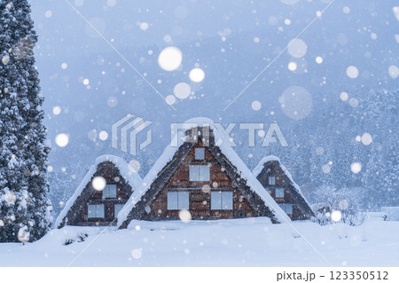 《岐阜県》積雪の白川郷・冬の合掌造り集落 123350512
