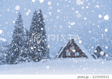 《岐阜県》積雪の白川郷・冬の合掌造り集落 123350521