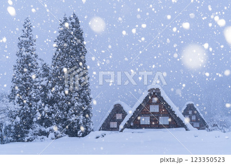 《岐阜県》積雪の白川郷・冬の合掌造り集落 123350523