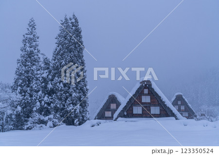 《岐阜県》積雪の白川郷・冬の合掌造り集落 123350524