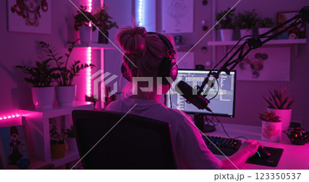 自宅配信ルームでヘッドホンを装着しマイクに向かう女性ストリーマーの後ろ姿 123350537