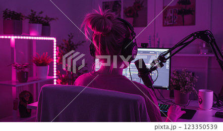 自宅配信ルームでヘッドホンを装着しマイクに向かう女性ストリーマーの後ろ姿 123350539