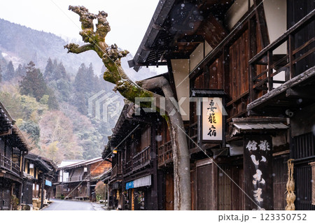 《長野県》雪が降る妻籠宿・木曽の宿場町 《長野県》雪が降る妻籠宿・木曽の宿場町 123350752