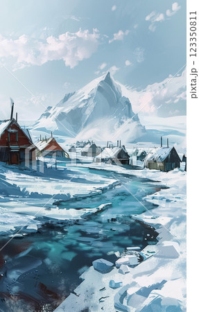 frozen arctic town, flooded water cover by ice, extreme polar weather 123350811