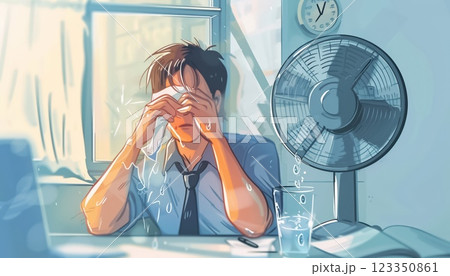 person trying to cool down with fan in office during heat wave and extreme hot temperature in summer, climate change and global warming in everyday life concept person trying to cool down with fan in office during heat wave and extreme hot temperature in summer, climate change and global warming in everyday life concept 123350861
