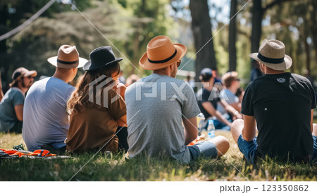 friends enjoying sunny afternoon at music festival in lush park, sitting on grass and talking 123350862