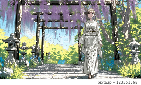 満開の藤の花の下を歩いている若い女性