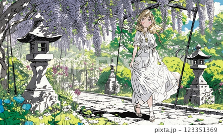 満開の藤の花の下を歩いている若い女性