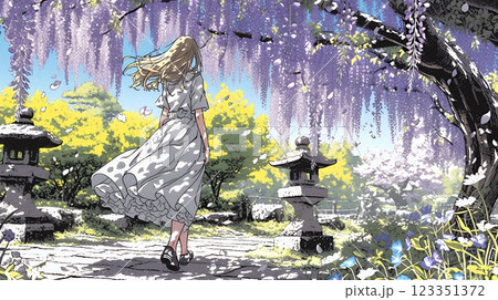 満開の藤の花の下を歩いている若い女性