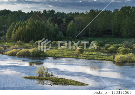 A serene floodplain with vibrant green trees and shrubs framing 123351569