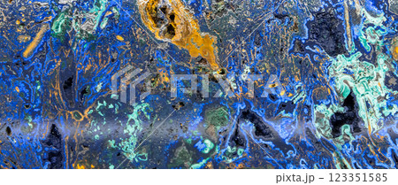 Azurite with malachite on limonite-goethite matrix, panoramic macro 123351585