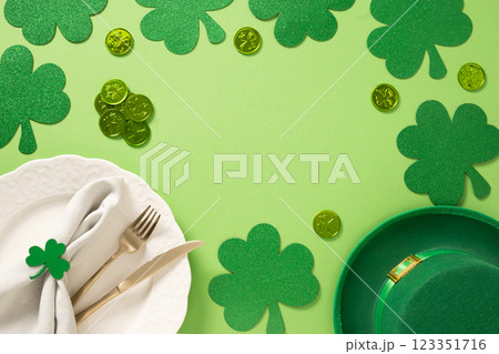 St Patrick's Day frame with white plate and traditional decoration, shamrock, clover leaves and green coins on light green background. View from above. St Patrick's Day frame with white plate and traditional decoration, shamrock, clover leaves and green coins on light green background. View from above. 123351716