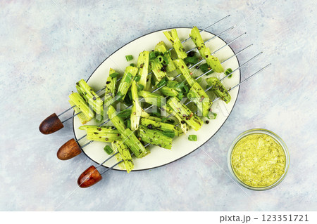 Vegan shashlik, celery stalks. 123351721