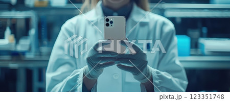 Scientist in white coat using smartphone in laboratory setting 123351748