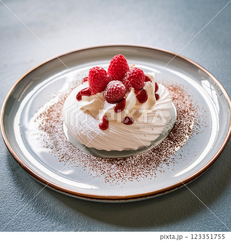 Elegant Meringue Dessert with Raspberries Elegant Meringue Dessert with Raspberries 123351755