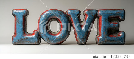 Colorful rustic sculpture of the word LOVE with blue highlights 123351795