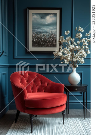 Minimal modern living room with red chair and floral decor 123351925