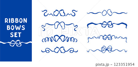 Set of hand-drawn ribbon bows in various styles. Wedding celebration, holiday, party decoration, gift, present concept. Coquette Aesthetic style. Elegant vintage vector illustration. 123351954