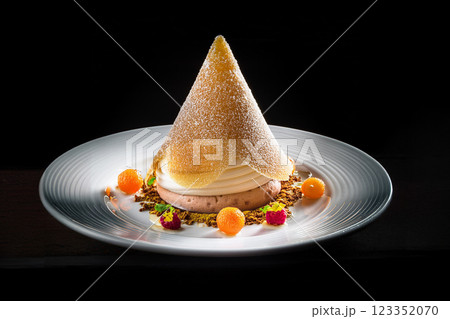 Elegant Mousse Dessert on Pristine White Plate 123352070