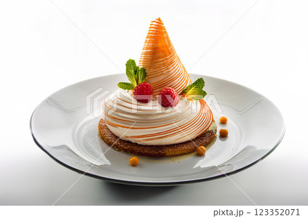Elegant Mousse Dessert on Pristine White Plate 123352071