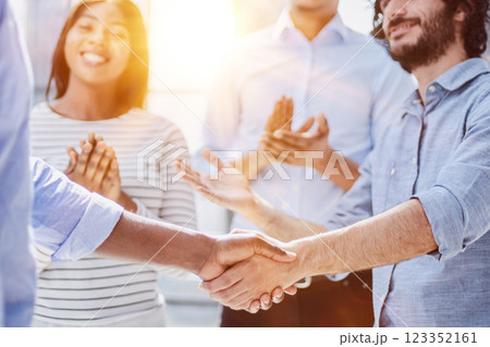 Agreement, business meeting, professional team in corporate office. Agreement, business meeting, professional team in corporate office. 123352161