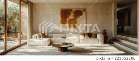 Minimalist living room with a large sofa and abstract art piece Minimalist living room with a large sofa and abstract art piece 123352206
