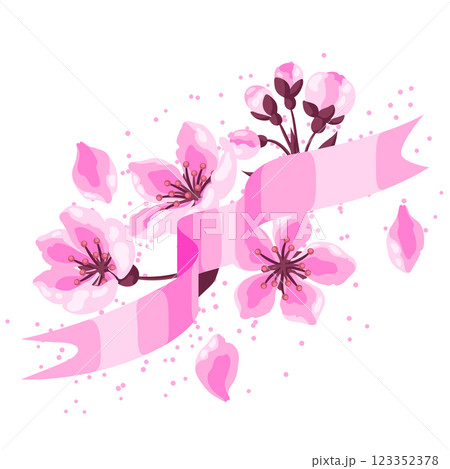 Ribbon with spring flowers. Apple, sakura or cherry blossom. Beautiful decorative blooming plants. 123352378