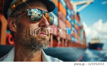 Thoughtful male captain at the helm of a large container ship at sea Thoughtful male captain at the helm of a large container ship at sea 123352413