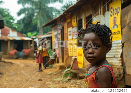 Portrait of a young girl in a traditional African village with a wooden house in the background 123352425