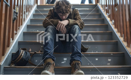 Sad Schoolboy on the Steps: Suffering from Bullying 123352729