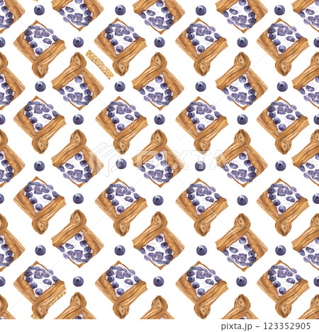 Watercolor illustration of of baking. Hand-drawn pattern from isolated clip art on a white background. Bright and appetizing pictures of realistic watercolor buns for menus, signs, packaging, textiles 123352905