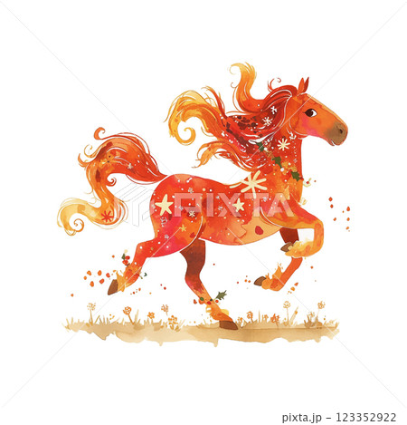 A unicorn with a crown of flowers on its head and a star on its mane. The unicorn is running through a field of flowers A unicorn with a crown of flowers on its head and a star on its mane. The unicorn is running through a field of flowers 123352922