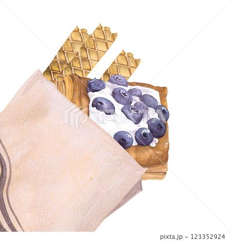 Watercolor illustration of of baking. Hand-drawn set of pastry in a craft bagfrom isolated clip art on a white background. Bright and appetizing pictures of realistic watercolor buns for menus, signs 123352924