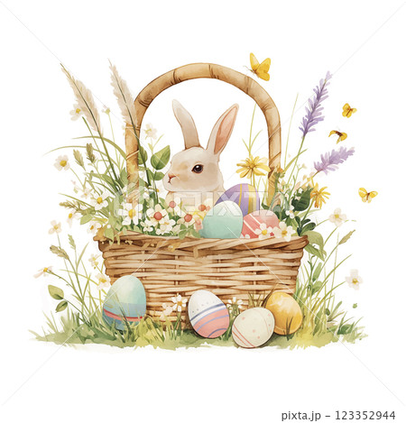 A rabbit is sitting in a basket full of Easter eggs. The basket is filled with a variety of eggs, including some that are painted and others that are plain. The scene is set in a grassy field 123352944
