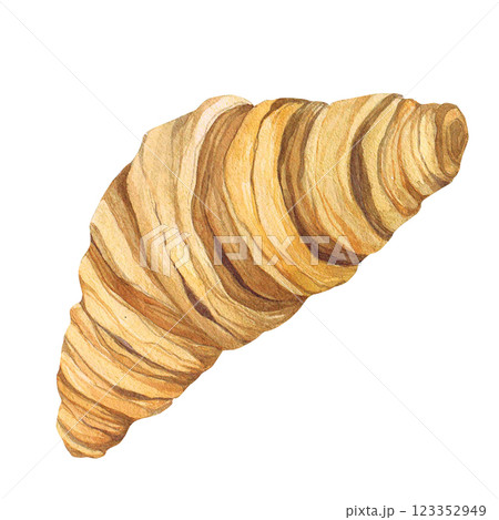 Watercolor illustration of baking. Hand drawn creamy croissant from isolated clip art on white background. A bright and appetizing picture of a realistic watercolor bun for menus, signs, packaging Watercolor illustration of baking. Hand drawn creamy croissant from isolated clip art on white background. A bright and appetizing picture of a realistic watercolor bun for menus, signs, packaging 123352949