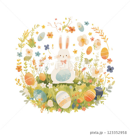 Easter rabbit is sitting in a field of flowers and eggs. The scene is bright and cheerful, with the rabbit wearing a bow and surrounded by a variety of colorful eggs. Concept of joy and playfulness 123352958